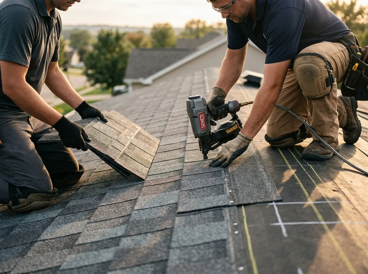 Professional roofer working on a residential roof in Chatham